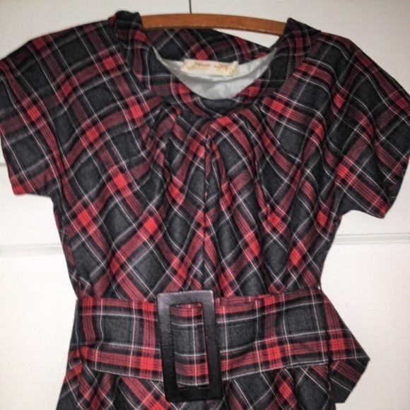Mary Jane Italy Indie Designer Red Plaid Belted Vintage Inspired Wool Dress - Picture 3 of 8